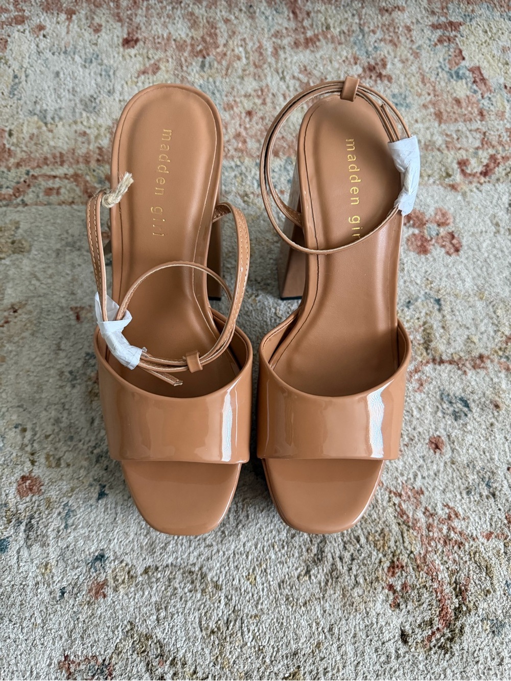 Madden Girl Nude Patent Platform Block Heel Sandals